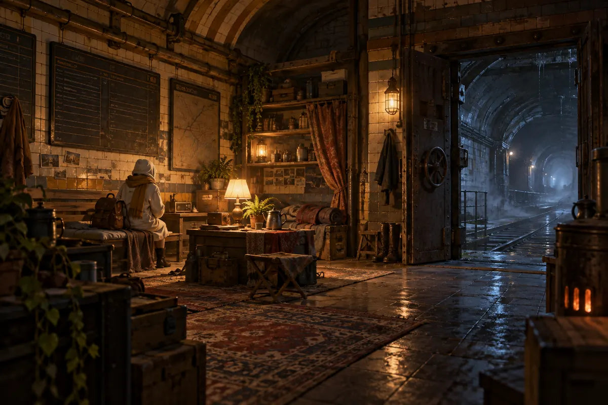 A cozy illuminated room surrounded by darkness